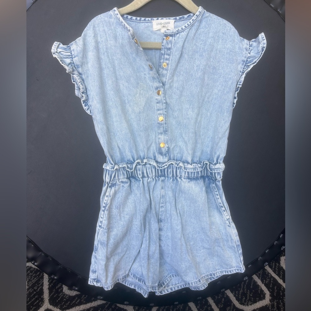 Louis Louise denim romper with gold snaps (girls size 6)